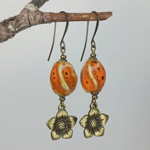 HAND CRAFTED Rustic Orange Ceramic Brass Flower Dangle Earrings
